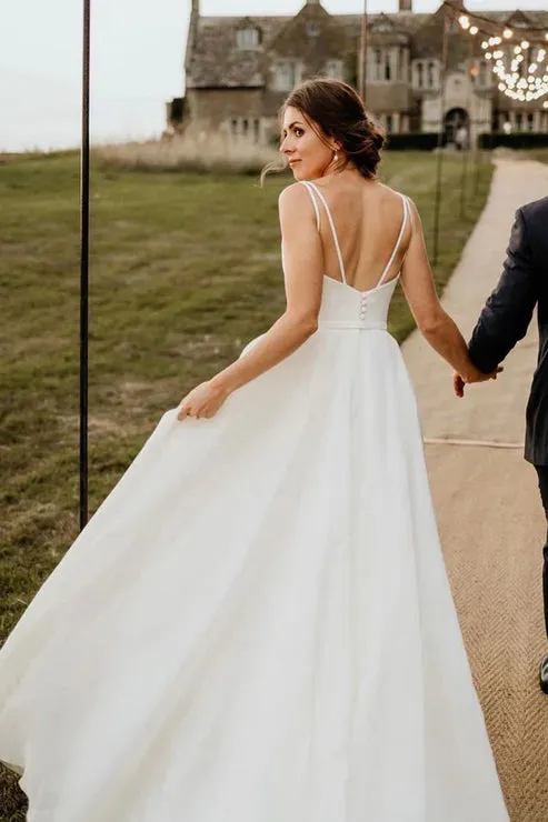 Luolandi Chaming A-Line Square Neck White Wedding Dresses Simple Elegant