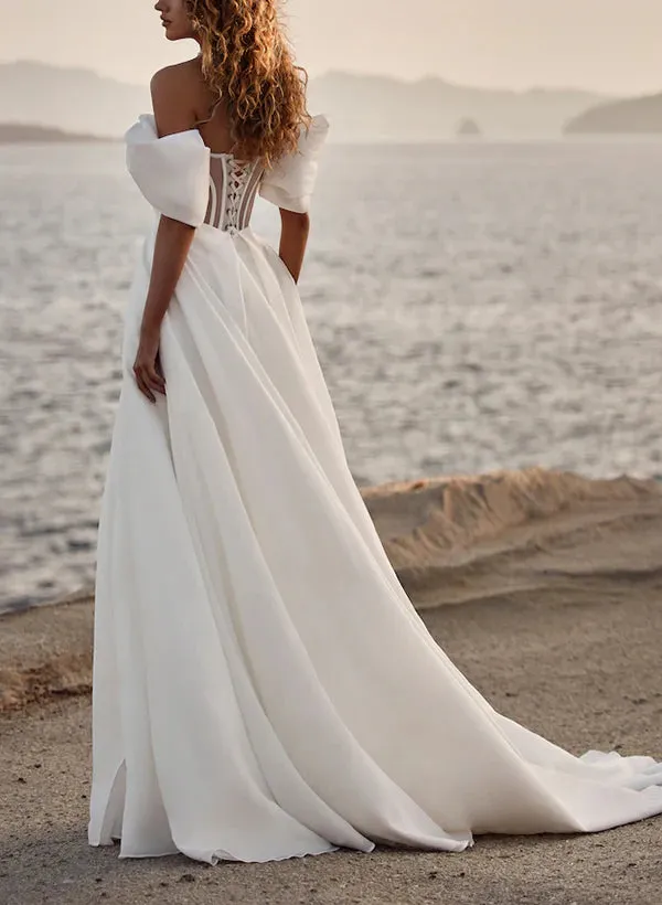 Luolandi Elegant Organza Wedding Dresses With Split Front Off Shoulder Floor Length Solid Color