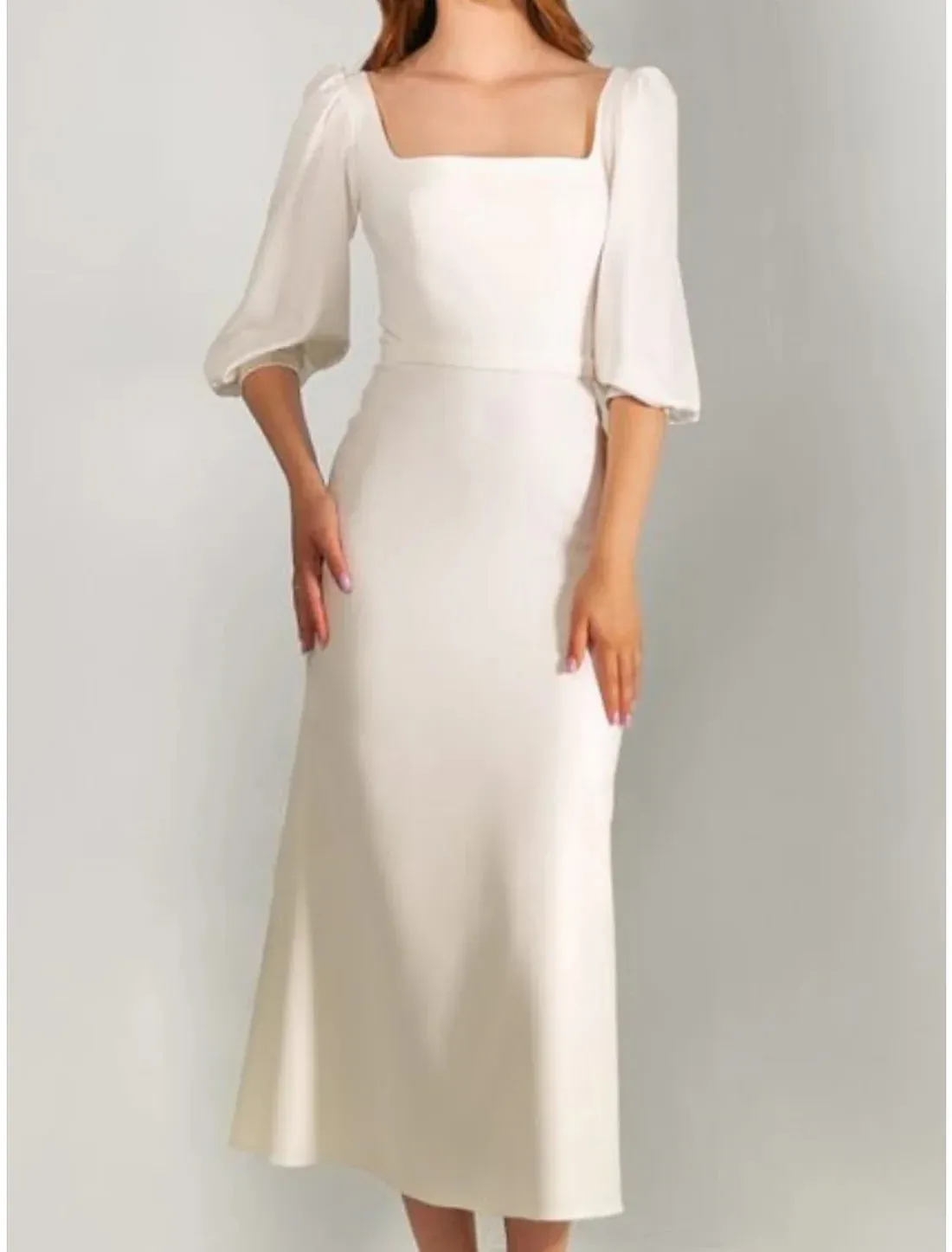 Luolandi Little White Dresses Wedding Dresses A-Line Square Neck Half Sleeve Tea Length Satin Bridal Gowns