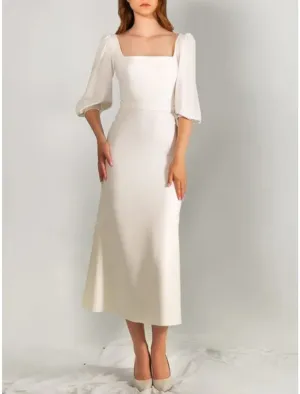Luolandi Little White Dresses Wedding Dresses A-Line Square Neck Half Sleeve Tea Length Satin Bridal Gowns