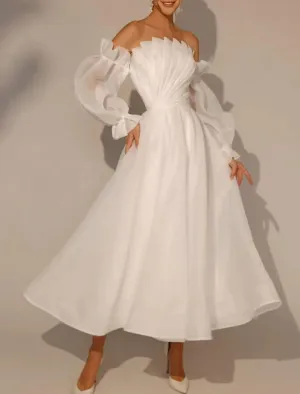 Luolandi Little White Dresses Wedding Dresses A-Line Square Neck Long Sleeve Ankle Length Organza Bridal Gowns With Pleats