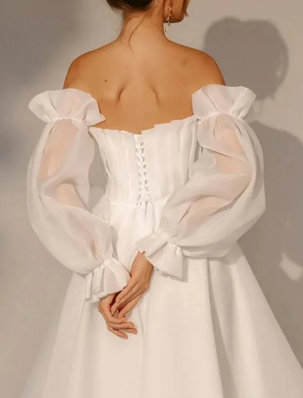 Luolandi Little White Dresses Wedding Dresses A-Line Square Neck Long Sleeve Ankle Length Organza Bridal Gowns With Pleats