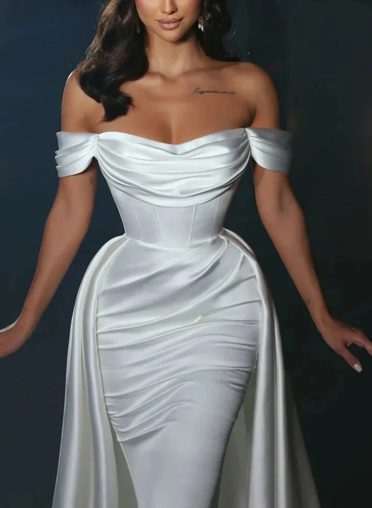 Luolandi Off-The-Shoulder Cowl Neck Satin Wedding Dresses Floor Length Solid Color Simple Elegant