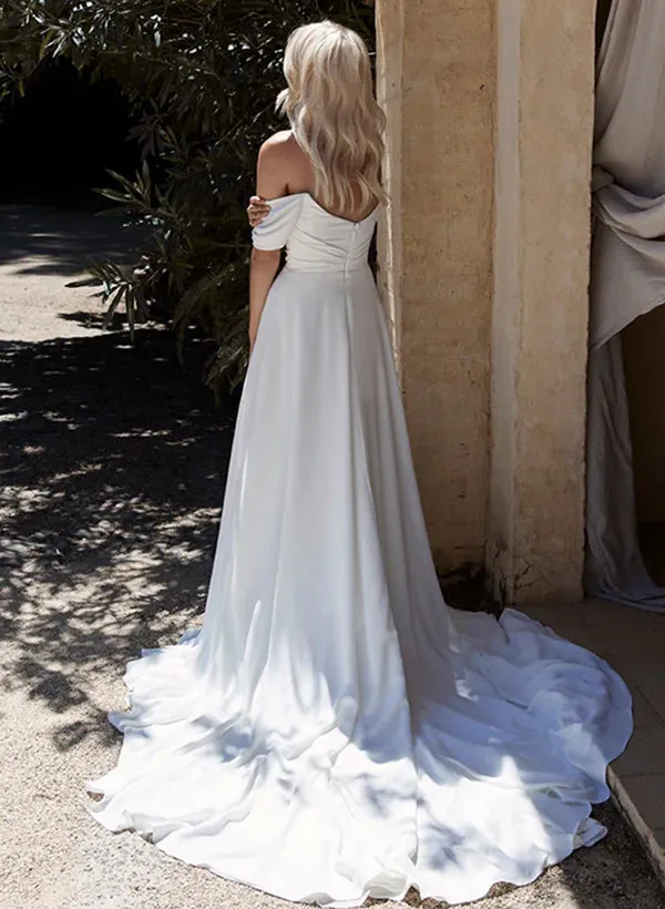 Luolandi Off-The-Shoulder Sleeveless Chiffon Wedding Dresses Floor Length Solid Color Elegant