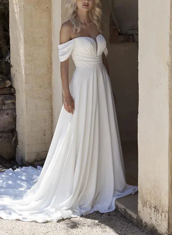 Luolandi Off-The-Shoulder Sleeveless Chiffon Wedding Dresses Floor Length Solid Color Elegant