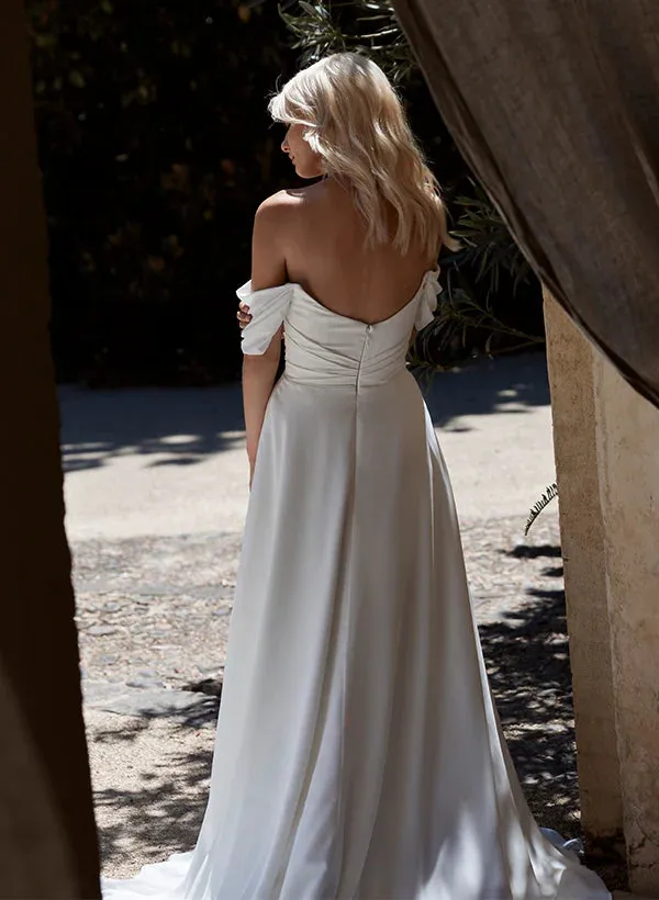 Luolandi Off-The-Shoulder Sleeveless Chiffon Wedding Dresses Floor Length Solid Color Elegant