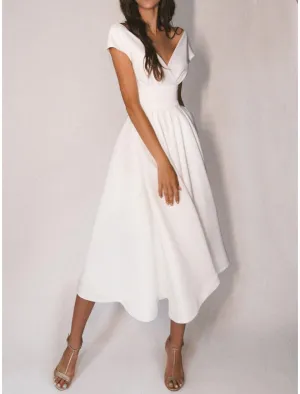 Luolandi Reception Little White Dresses Simple Wedding Dresses A-Line V Neck Cap Sleeve Tea Length Chiffon Bridal Gowns
