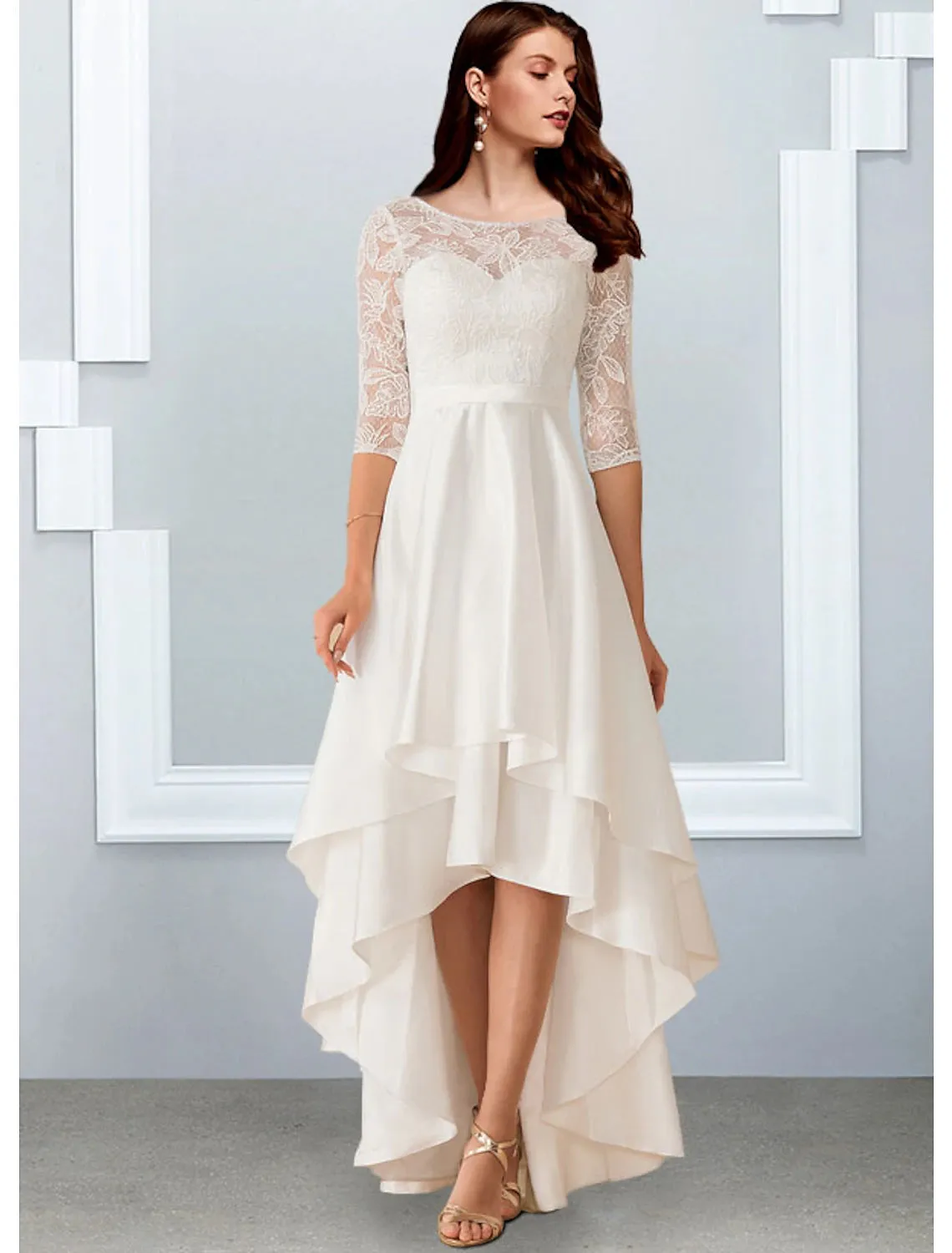 Luolandi Reception Little White Dresses Wedding Dresses A-Line Illusion Neck Half Sleeve Asymmetrical Chiffon Bridal Gowns With Cascading