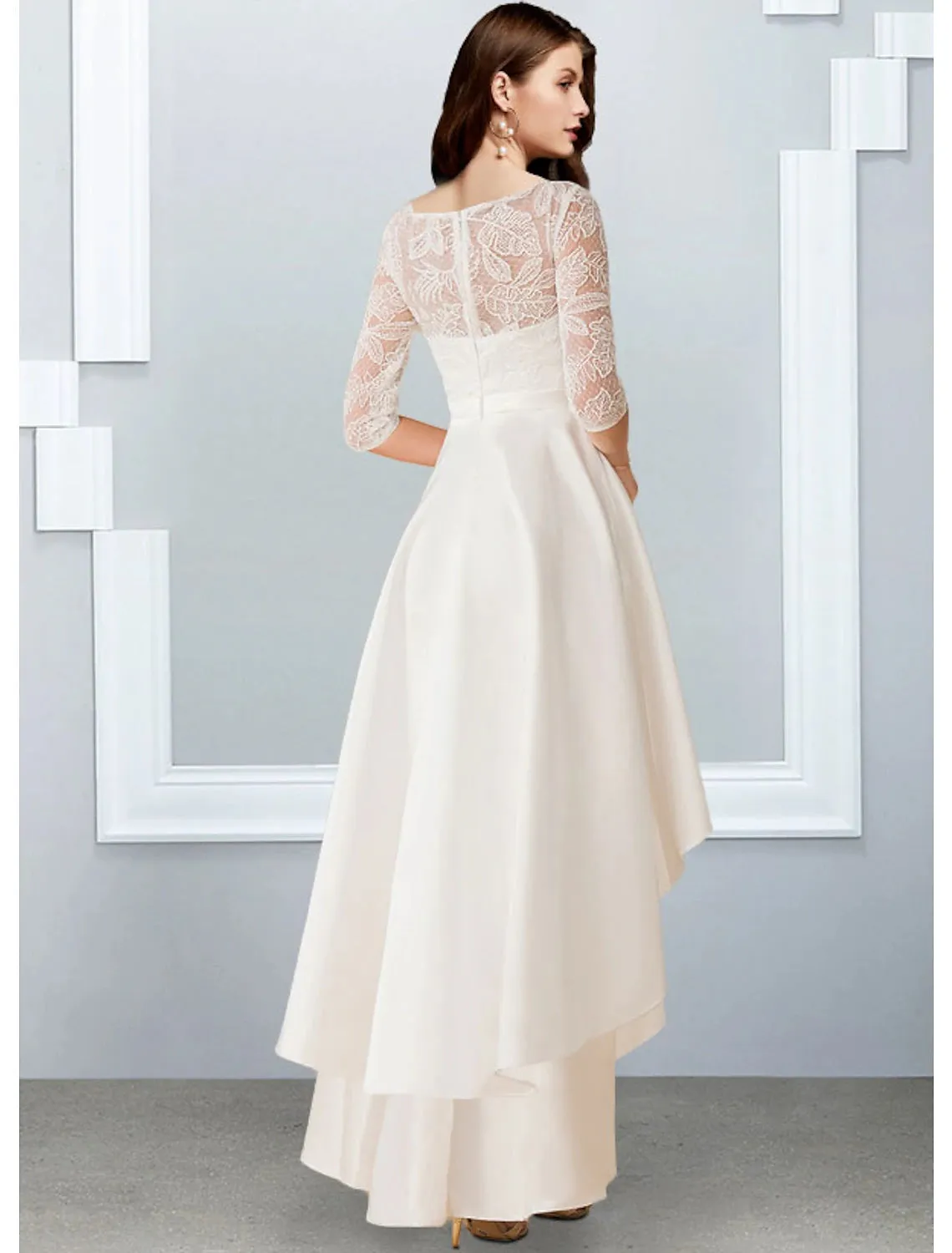 Luolandi Reception Little White Dresses Wedding Dresses A-Line Illusion Neck Half Sleeve Asymmetrical Chiffon Bridal Gowns With Cascading