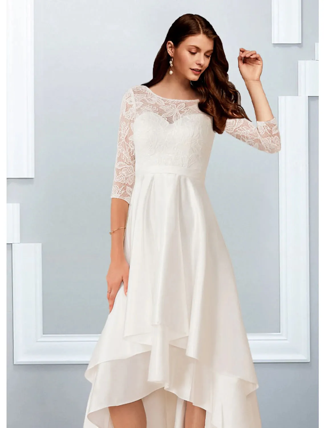 Luolandi Reception Little White Dresses Wedding Dresses A-Line Illusion Neck Half Sleeve Asymmetrical Chiffon Bridal Gowns With Cascading