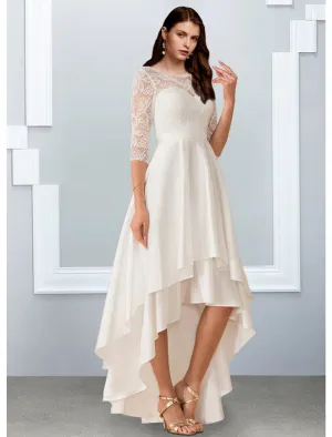 Luolandi Reception Little White Dresses Wedding Dresses A-Line Illusion Neck Half Sleeve Asymmetrical Chiffon Bridal Gowns With Cascading