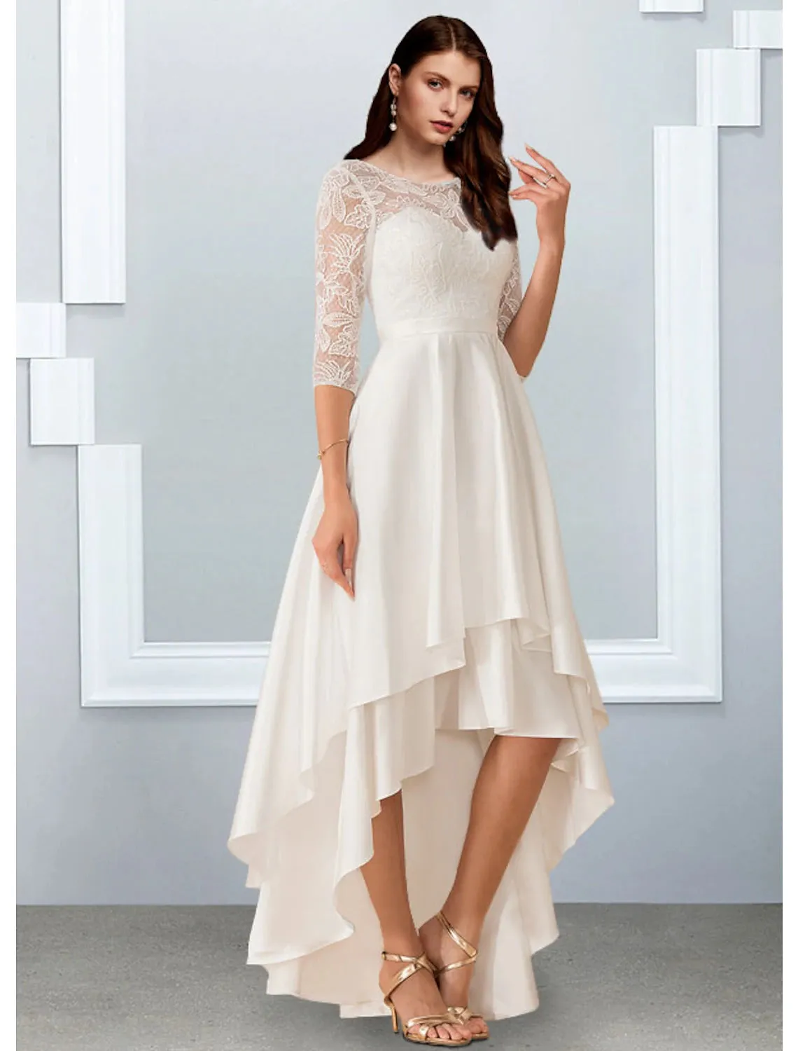 Luolandi Reception Little White Dresses Wedding Dresses A-Line Illusion Neck Half Sleeve Asymmetrical Chiffon Bridal Gowns With Cascading
