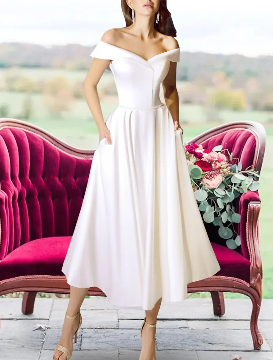 Luolandi Reception Little White Dresses Wedding Dresses A-Line Off Shoulder Cap Sleeve Tea Length Satin Bridal Gowns With Sashes / Ribbons Ivory