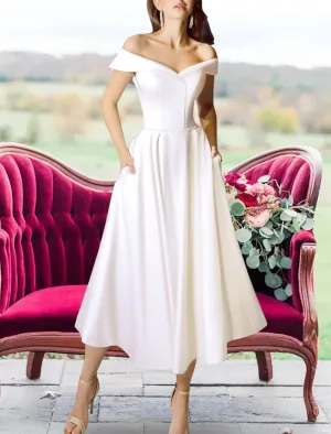 Luolandi Reception Little White Dresses Wedding Dresses A-Line Off Shoulder Cap Sleeve Tea Length Satin Bridal Gowns With Sashes / Ribbons Ivory