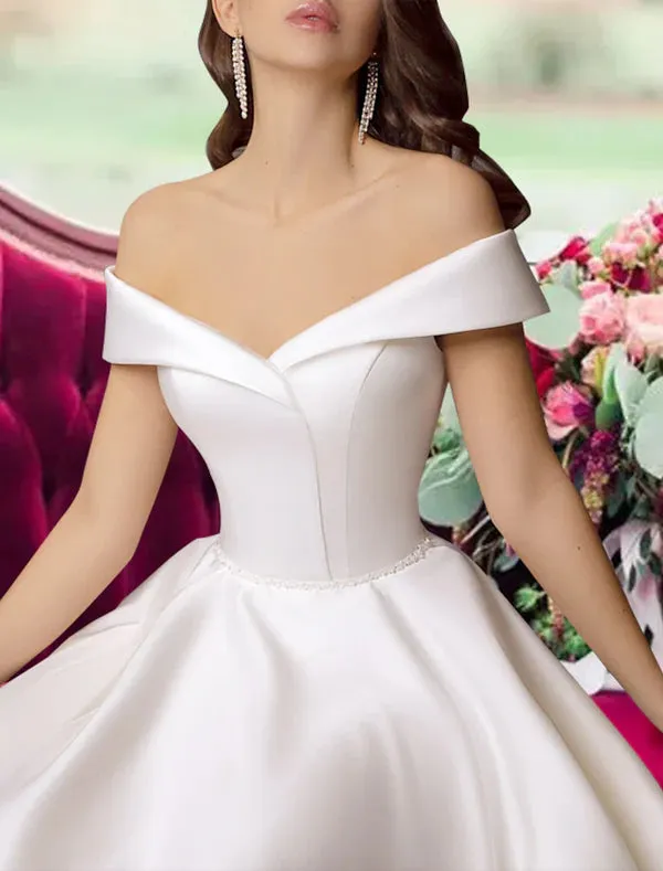 Luolandi Reception Little White Dresses Wedding Dresses A-Line Off Shoulder Cap Sleeve Tea Length Satin Bridal Gowns With Sashes / Ribbons Ivory