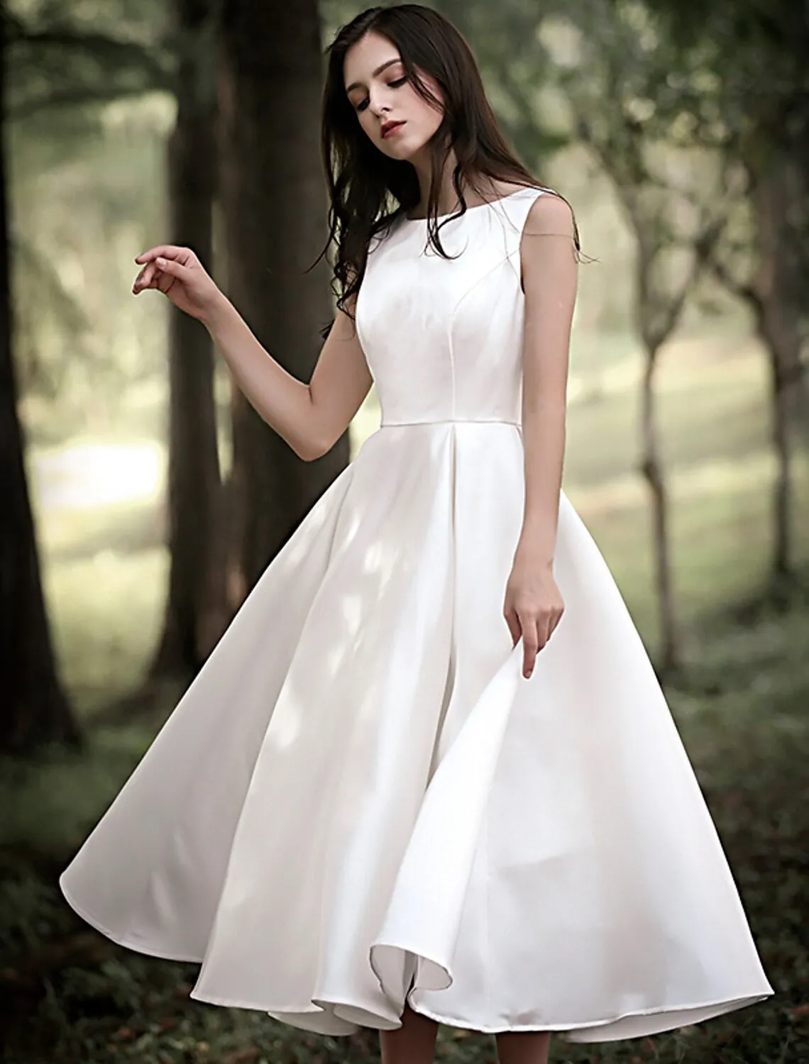 Luolandi Reception Little White Dresses Wedding Dresses A-Line Scoop Neck Sleeveless Tea Length Satin Bridal Gowns