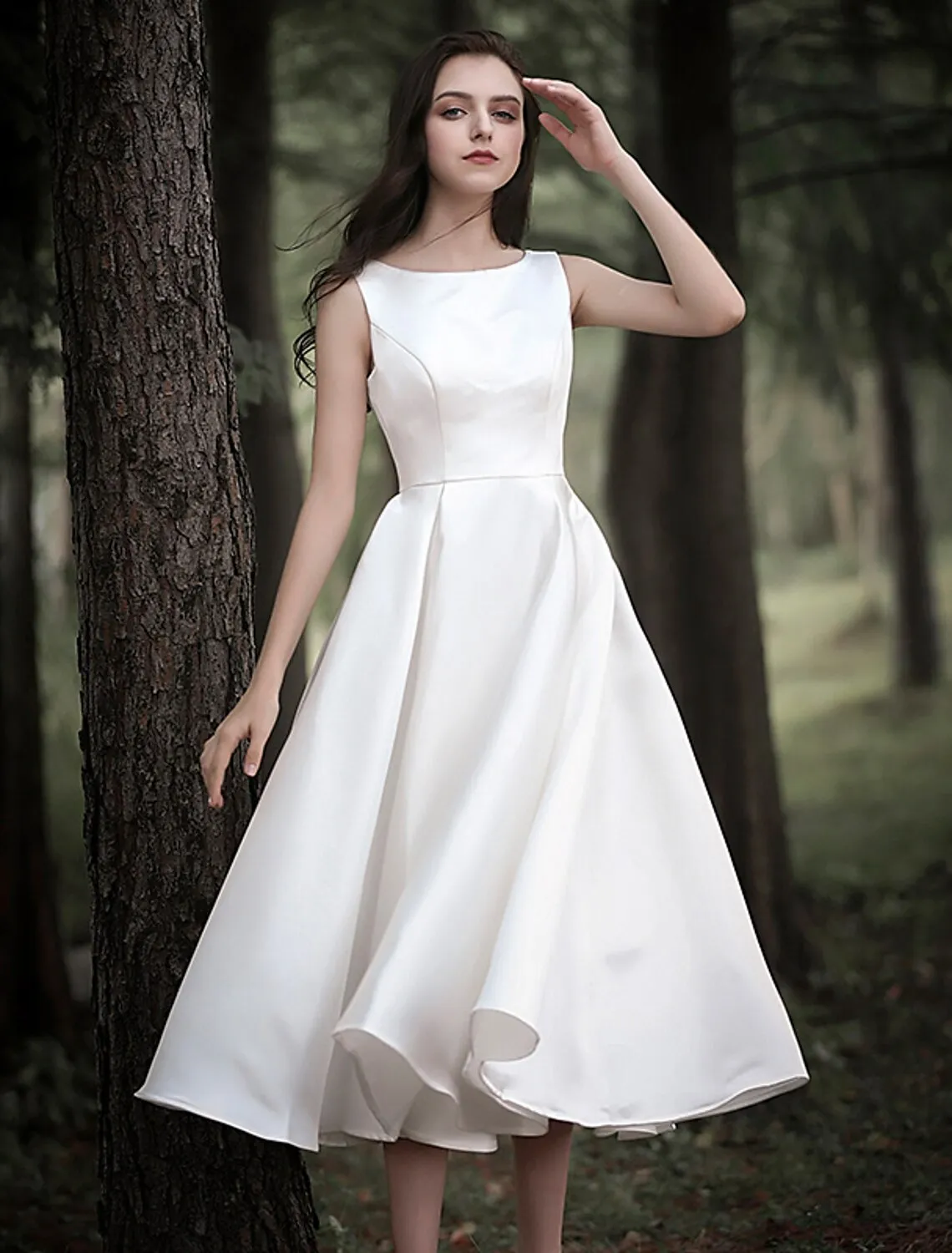 Luolandi Reception Little White Dresses Wedding Dresses A-Line Scoop Neck Sleeveless Tea Length Satin Bridal Gowns