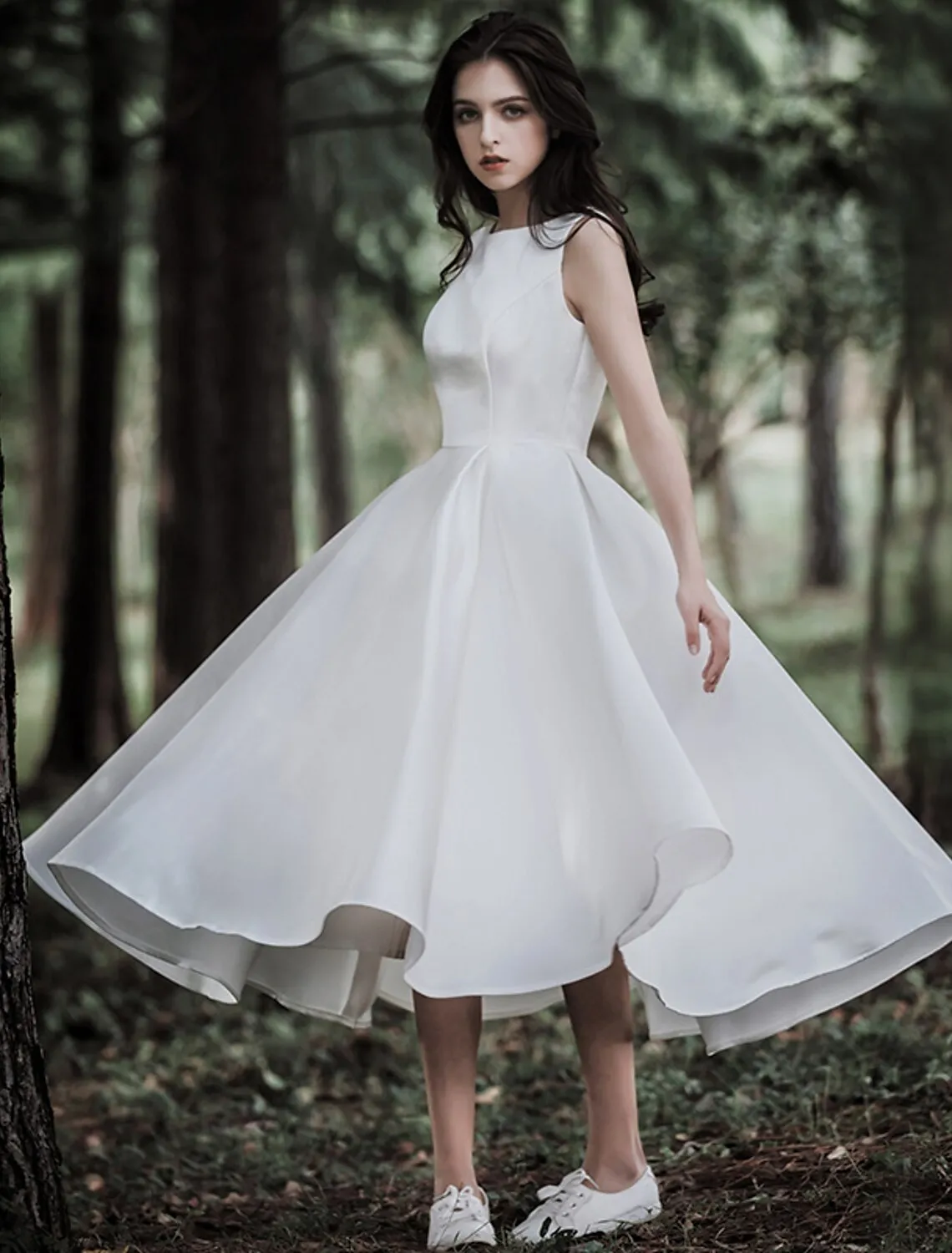Luolandi Reception Little White Dresses Wedding Dresses A-Line Scoop Neck Sleeveless Tea Length Satin Bridal Gowns