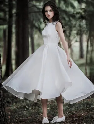Luolandi Reception Little White Dresses Wedding Dresses A-Line Scoop Neck Sleeveless Tea Length Satin Bridal Gowns