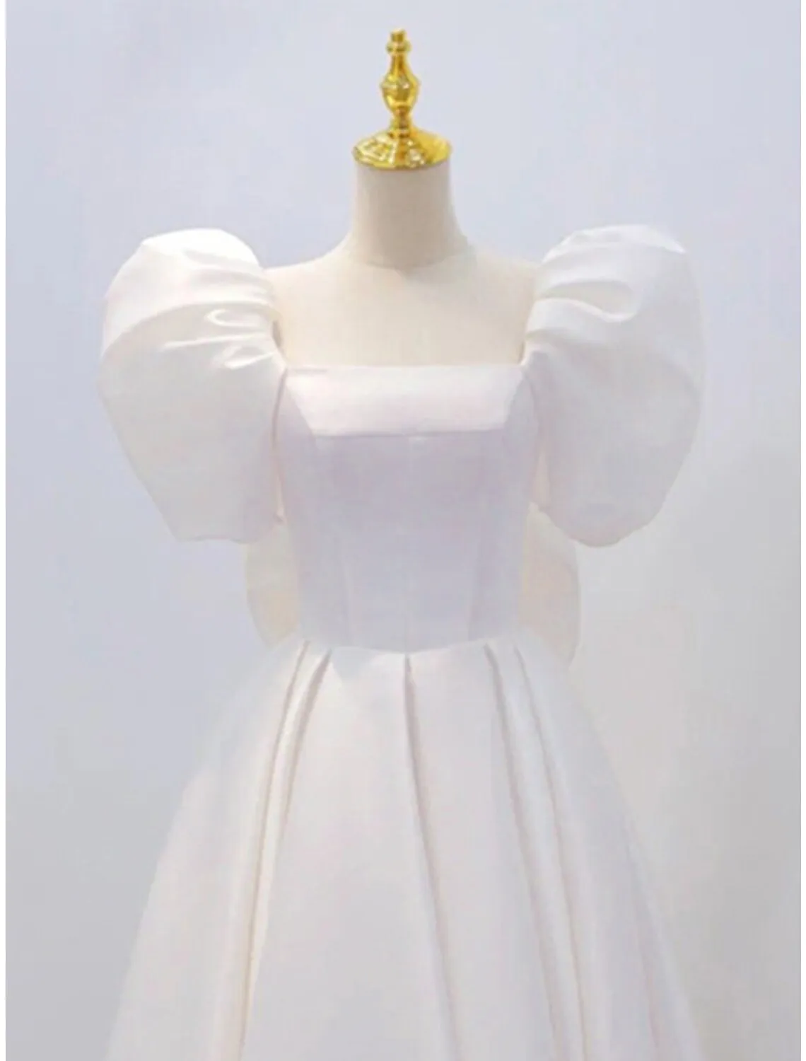 Luolandi Reception Little White Dresses Wedding Dresses A-Line Square Neck Short Sleeve Knee Length Satin Bridal Gowns