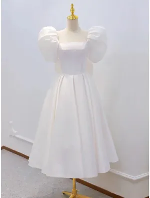 Luolandi Reception Little White Dresses Wedding Dresses A-Line Square Neck Short Sleeve Knee Length Satin Bridal Gowns