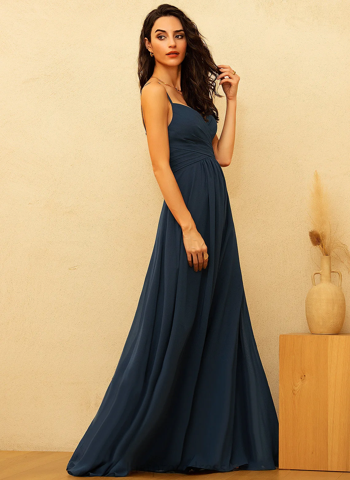 Mariah V-neck Floor-Length With A-Line Prom Dresses Pleated Chiffon
