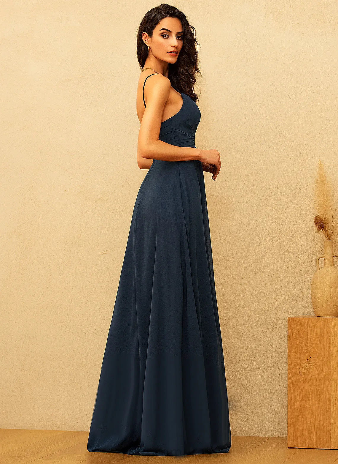 Mariah V-neck Floor-Length With A-Line Prom Dresses Pleated Chiffon