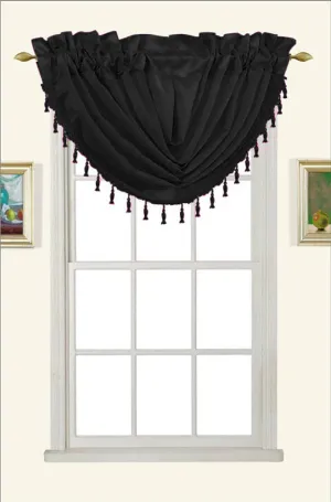 Melanie Faux Silk Rod Pocket Waterfall Valance With Tassels, Black, 58x37