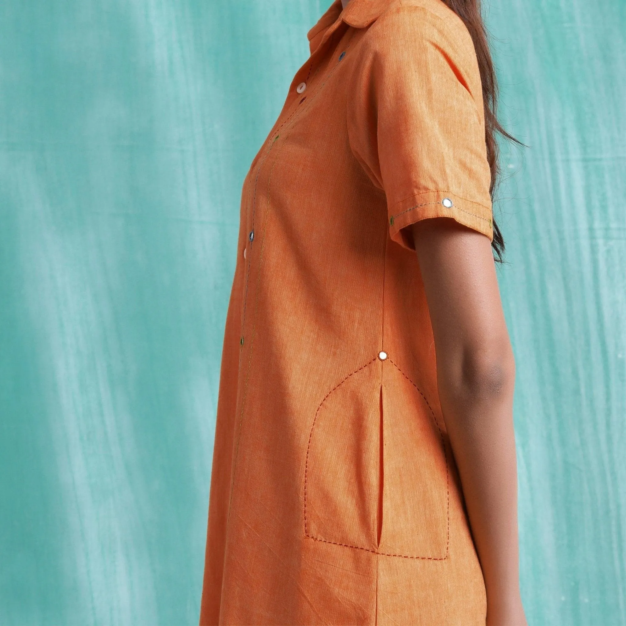Melon Orange Mirror Work Cotton Knee Length Asymmetrical Dress