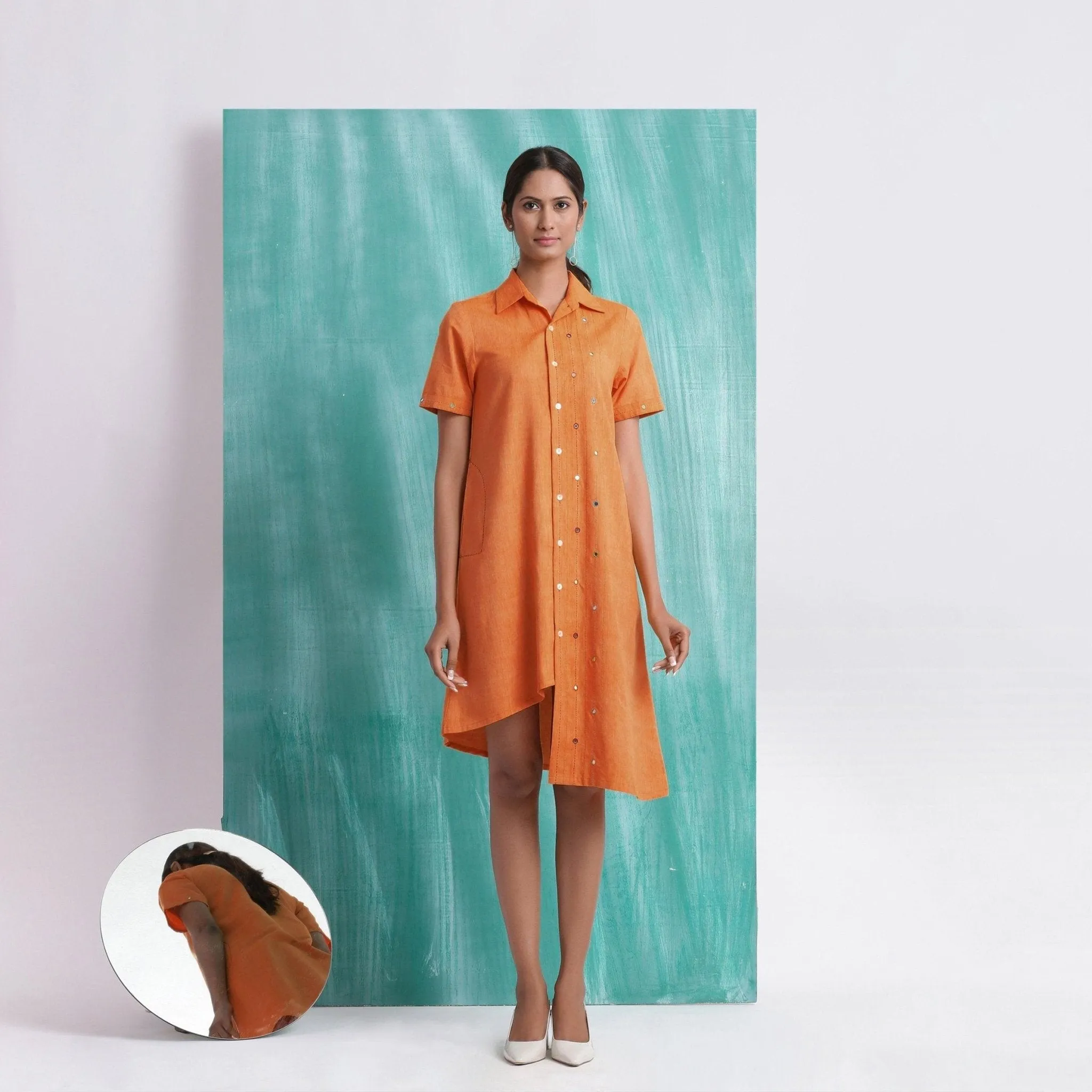 Melon Orange Mirror Work Cotton Knee Length Asymmetrical Dress
