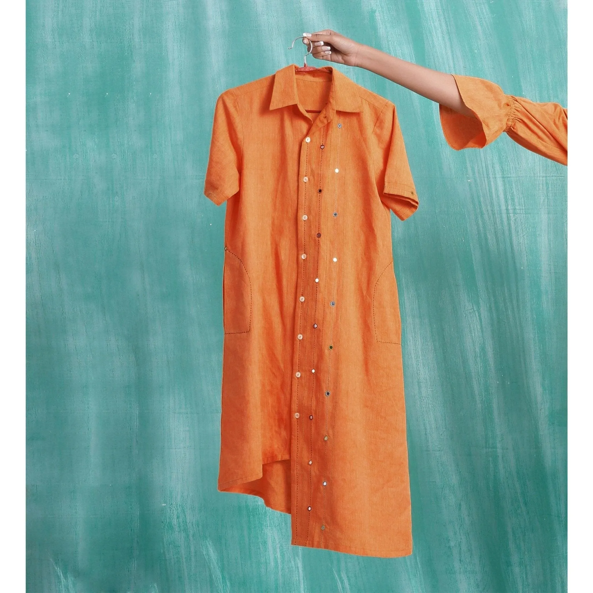 Melon Orange Mirror Work Cotton Knee Length Asymmetrical Dress