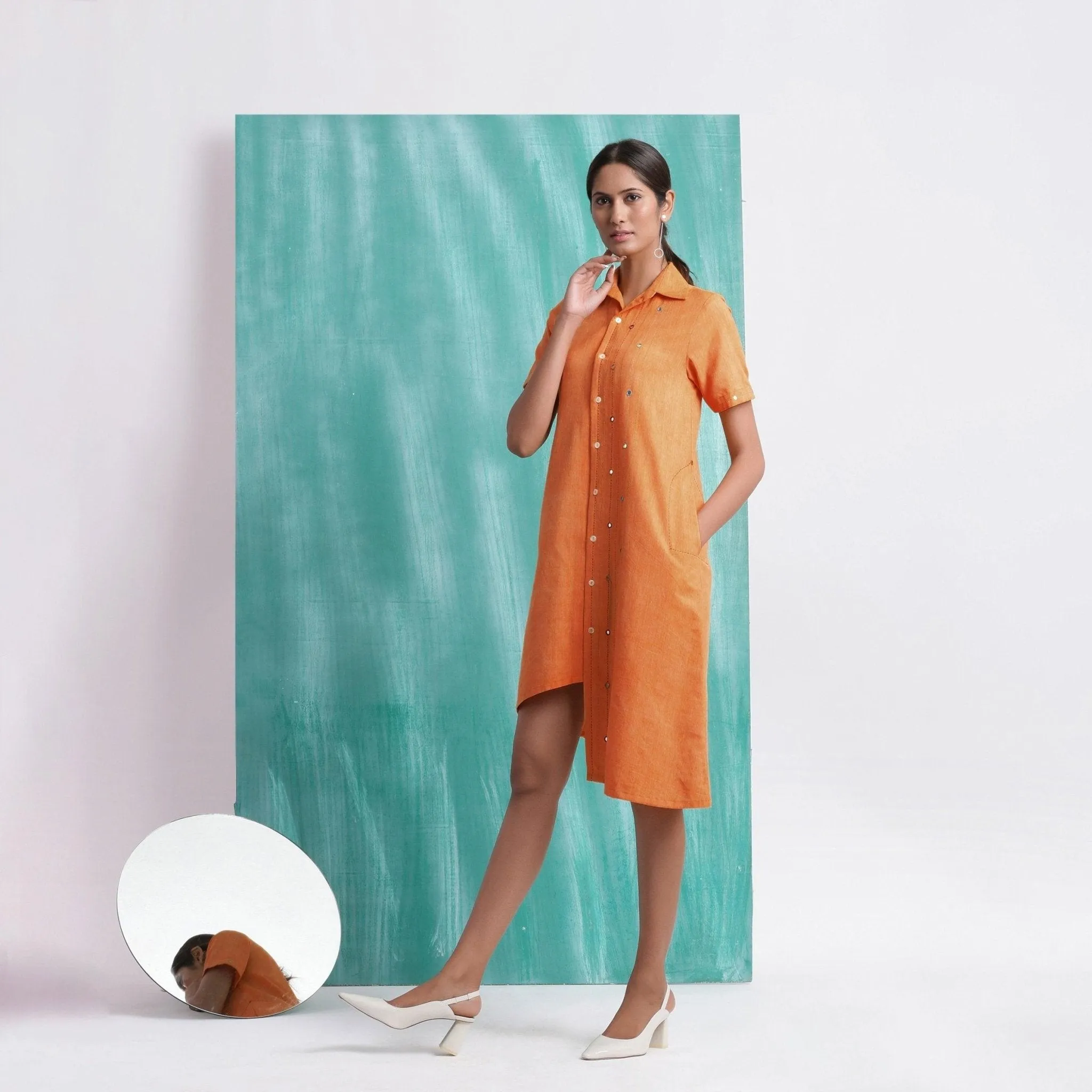 Melon Orange Mirror Work Cotton Knee Length Asymmetrical Dress