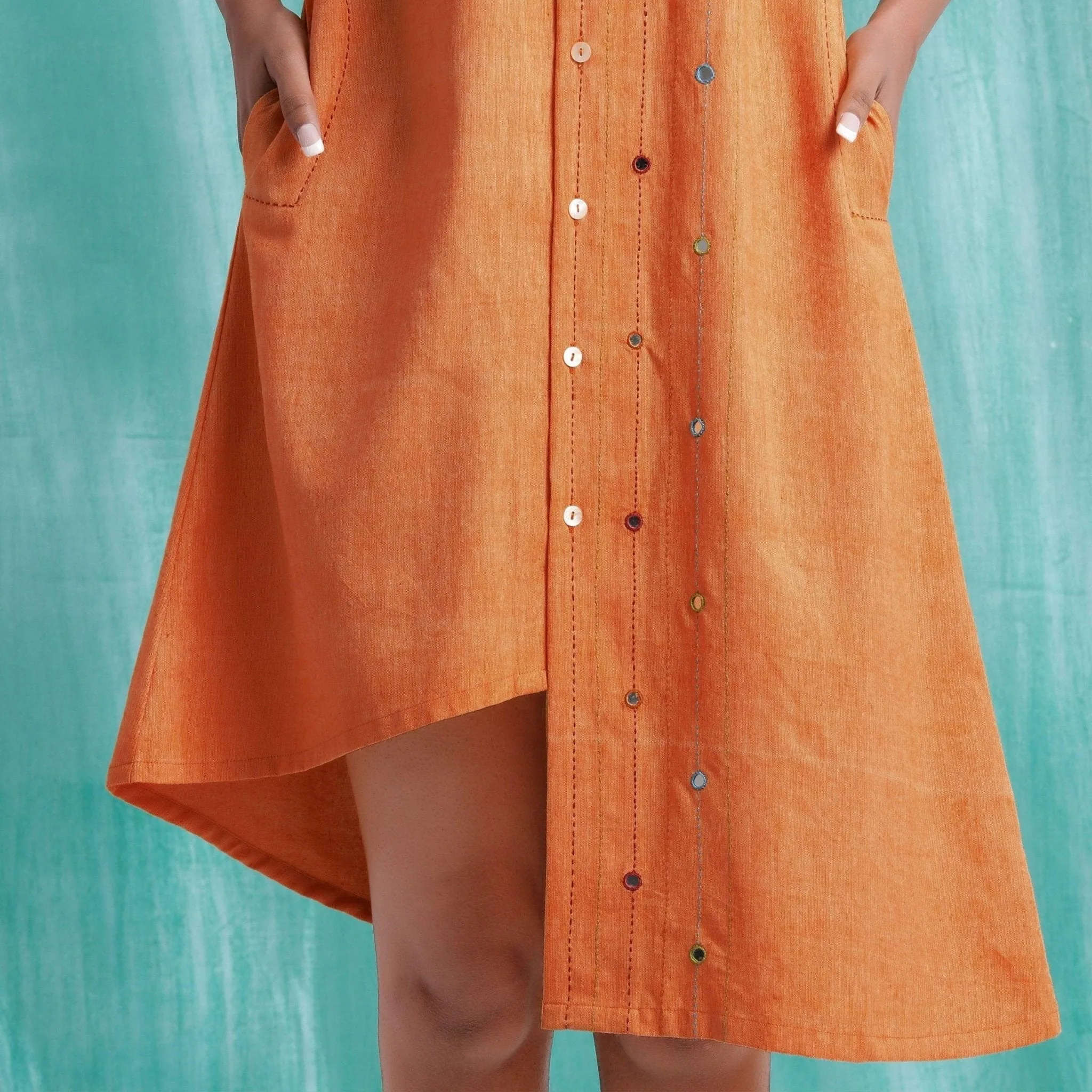 Melon Orange Mirror Work Cotton Knee Length Asymmetrical Dress