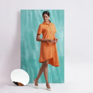 Melon Orange Mirror Work Cotton Knee Length Asymmetrical Dress