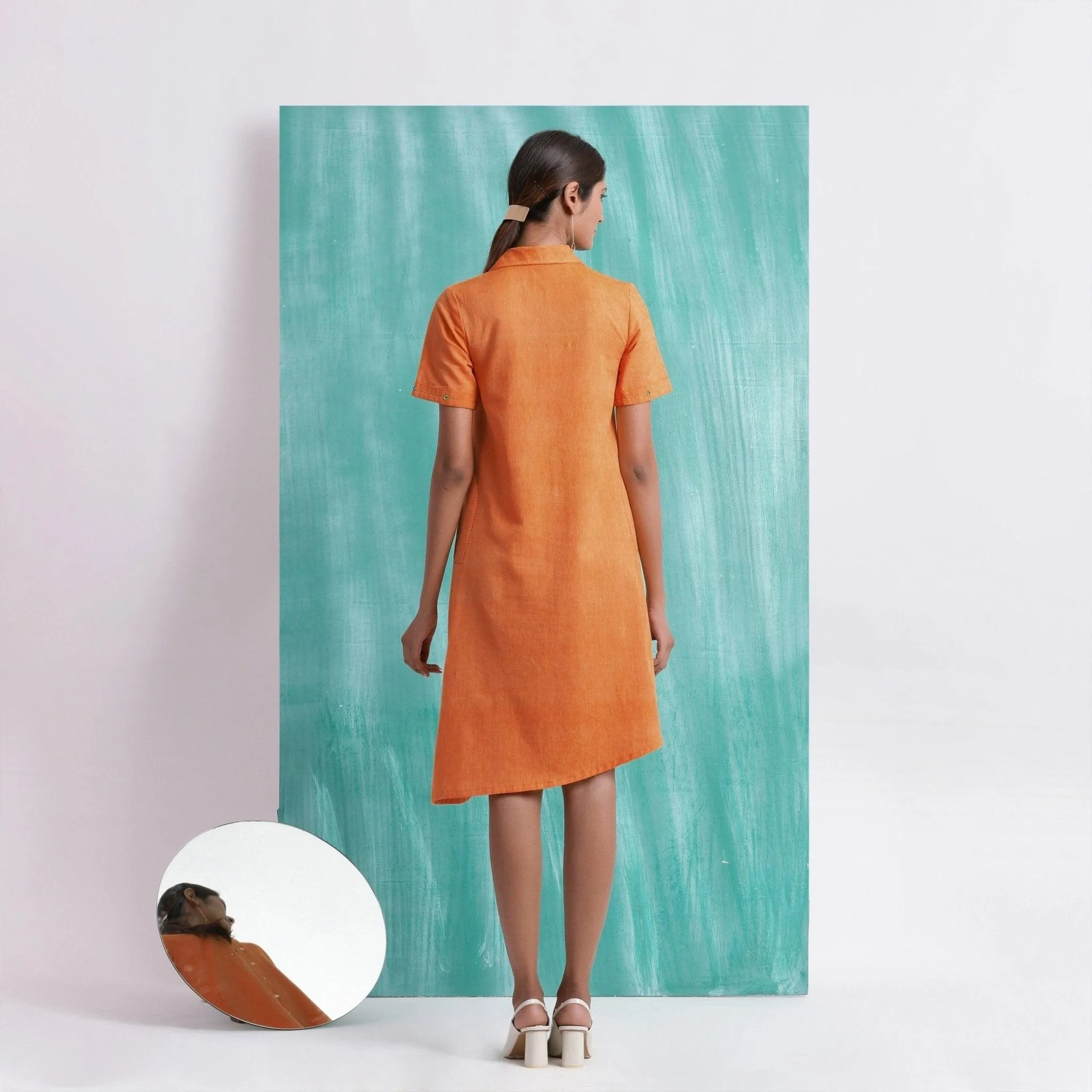 Melon Orange Mirror Work Cotton Knee Length Asymmetrical Dress