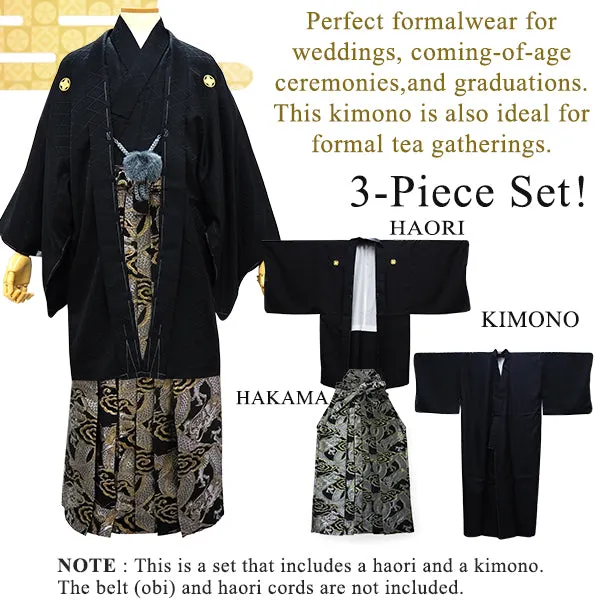 Men's Formal Kimono, Haori, and Hakama 3-Piece Set ＜Black Haori＞