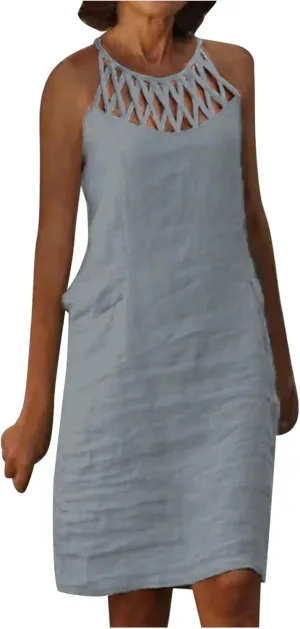 NaRHbrg Women's Summer Halter Dress Sleeveless Hollow Out Loose Fit Mini Dresses Casual Beach Sundress for Vacation