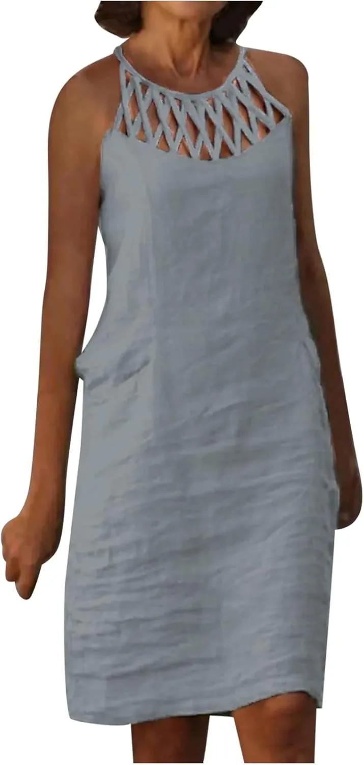 NaRHbrg Women's Summer Halter Dress Sleeveless Hollow Out Loose Fit Mini Dresses Casual Beach Sundress for Vacation