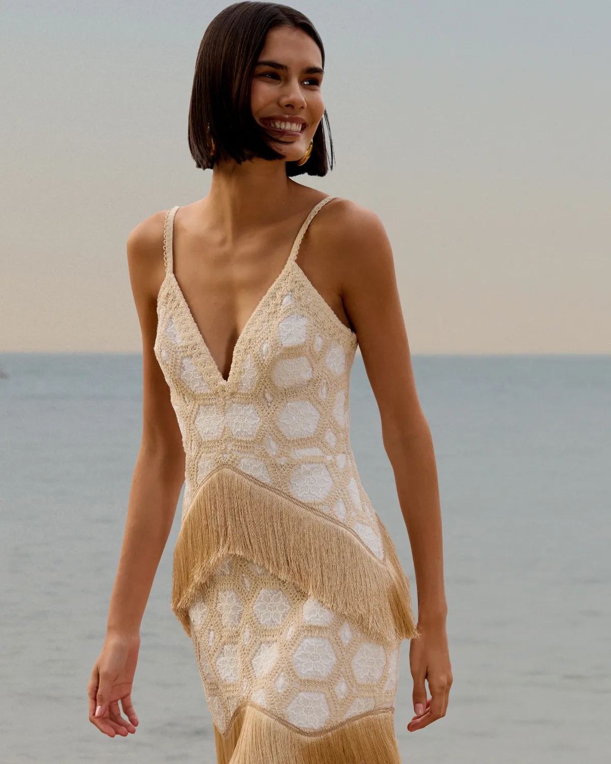 NATURAL CROCHET PLUNGE MINI DRESS