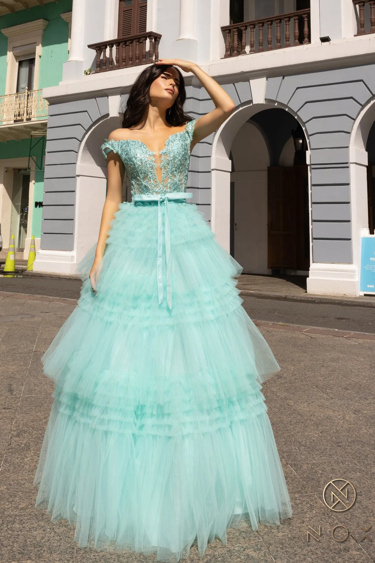 Nox Anabel E1293 A Line Pleated Tulle Layer Prom Dress Sheer Lace Corset Ballgown off the Shoulder Bow
