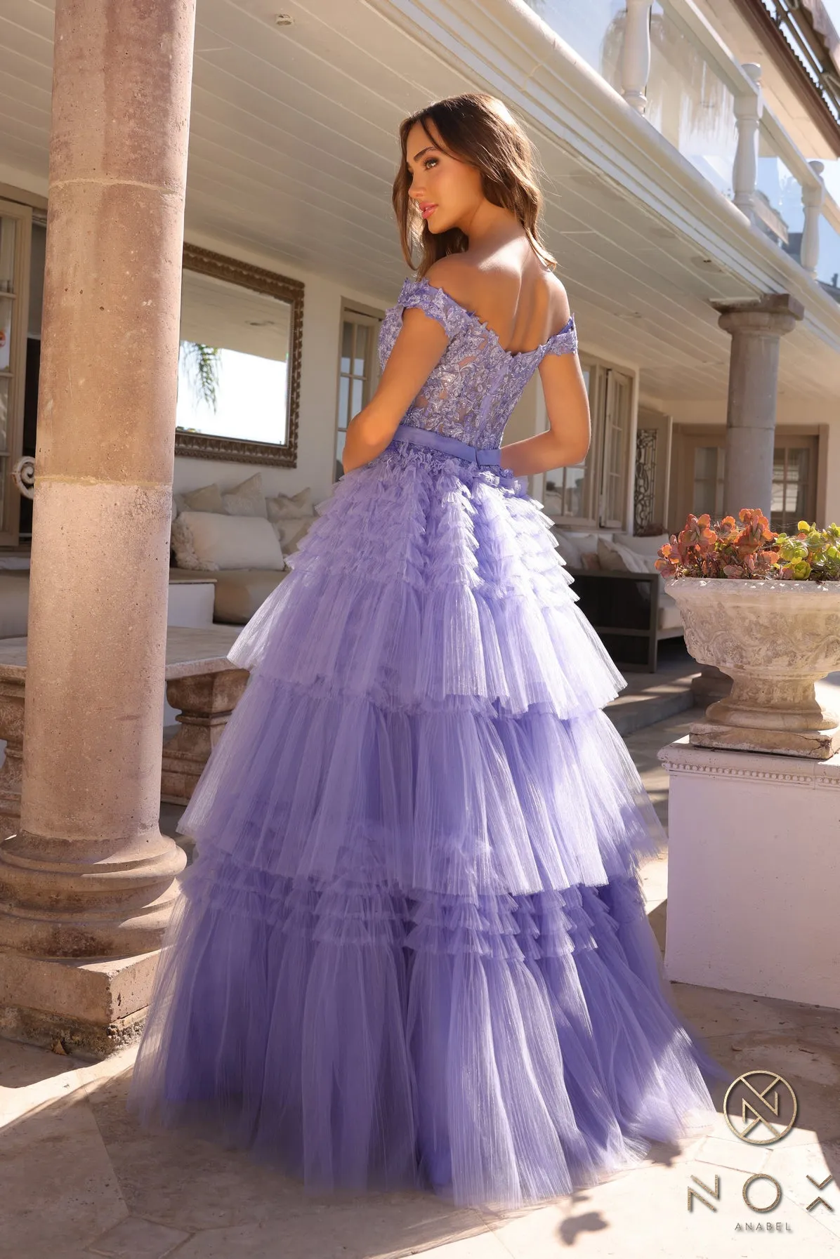Nox Anabel E1293 A Line Pleated Tulle Layer Prom Dress Sheer Lace Corset Ballgown off the Shoulder Bow