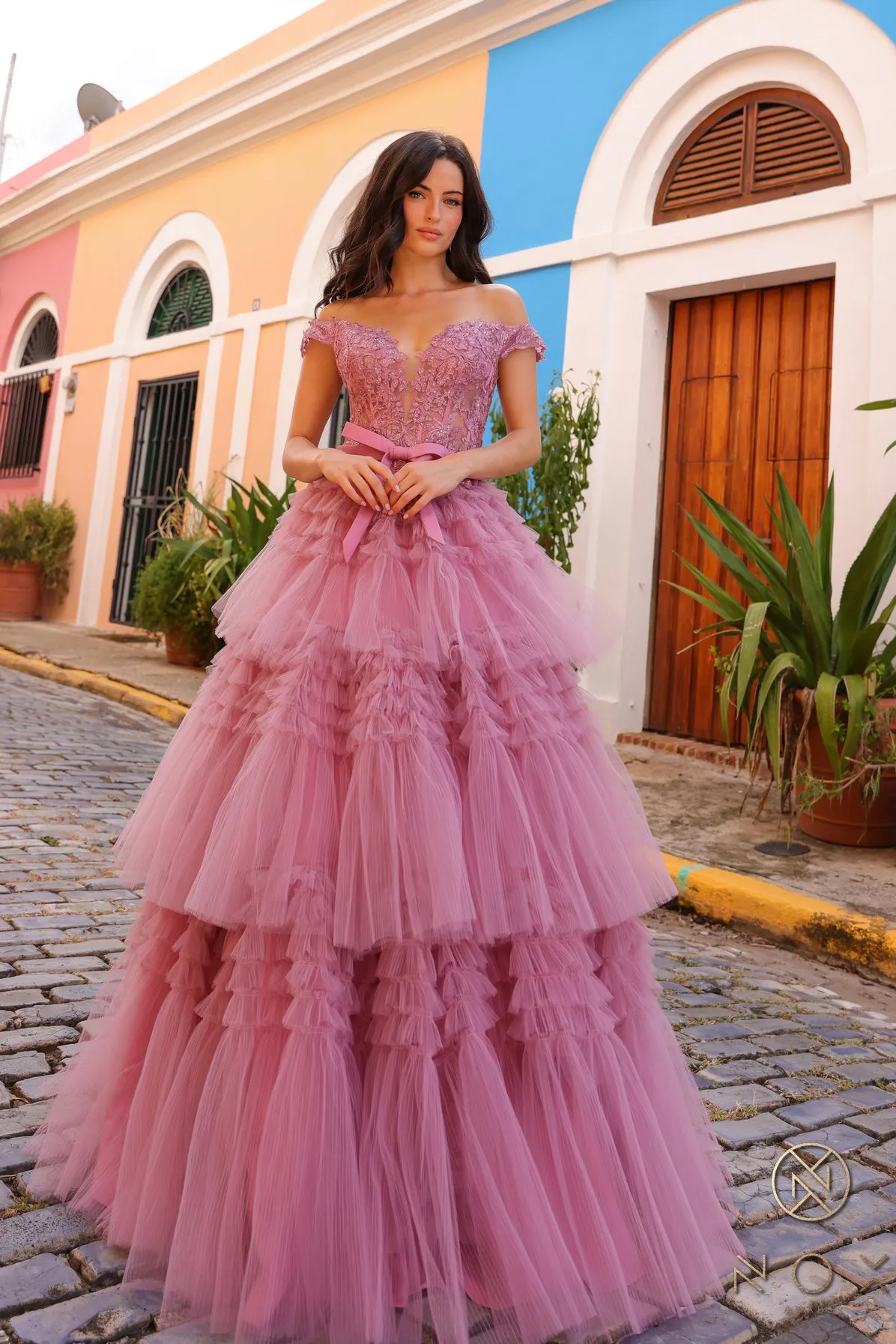 Nox Anabel E1293 A Line Pleated Tulle Layer Prom Dress Sheer Lace Corset Ballgown off the Shoulder Bow