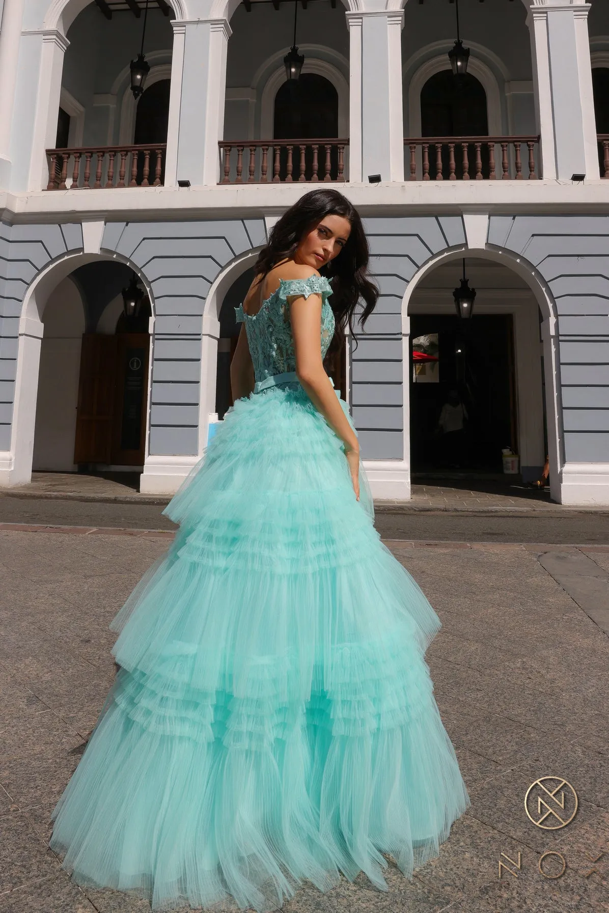 Nox Anabel E1293 A Line Pleated Tulle Layer Prom Dress Sheer Lace Corset Ballgown off the Shoulder Bow