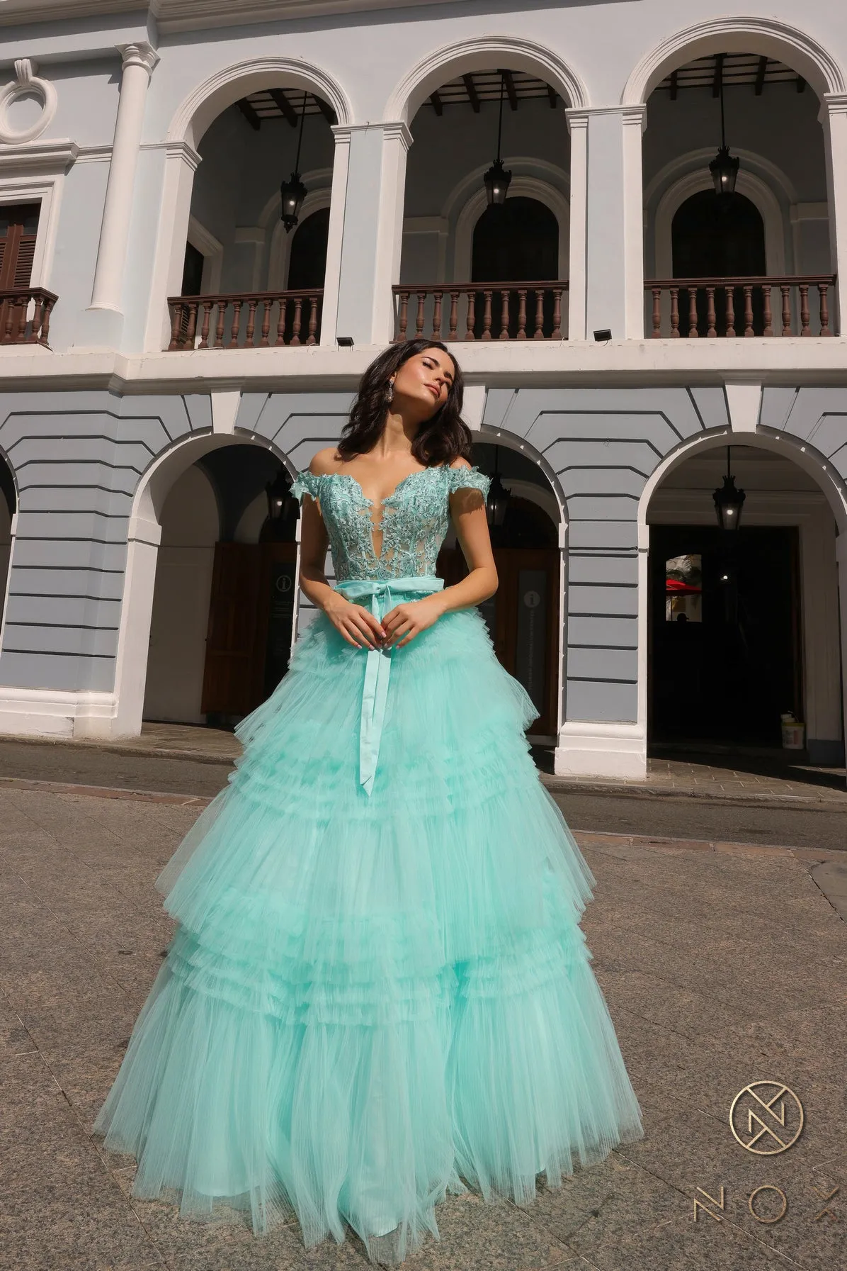 Nox Anabel E1293 A Line Pleated Tulle Layer Prom Dress Sheer Lace Corset Ballgown off the Shoulder Bow