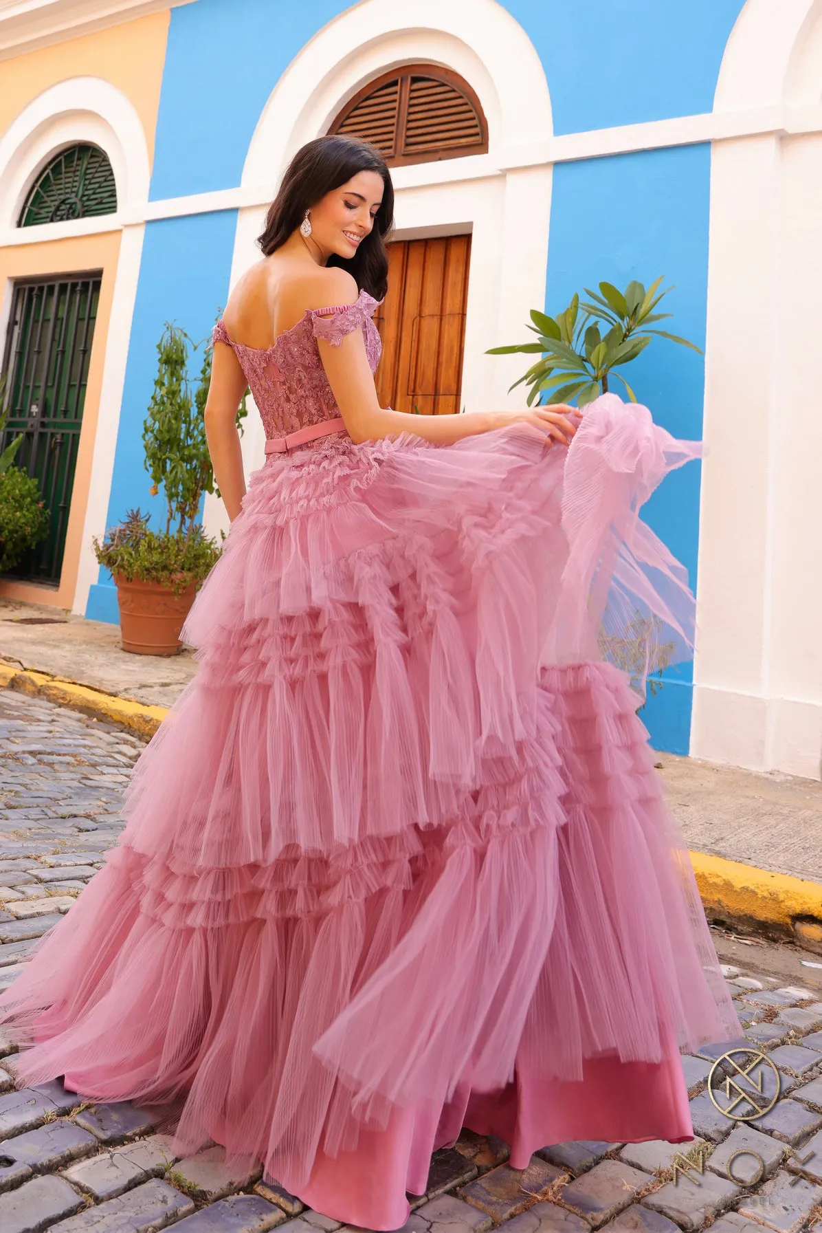 Nox Anabel E1293 A Line Pleated Tulle Layer Prom Dress Sheer Lace Corset Ballgown off the Shoulder Bow