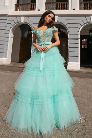 Nox Anabel E1293 A Line Pleated Tulle Layer Prom Dress Sheer Lace Corset Ballgown off the Shoulder Bow
