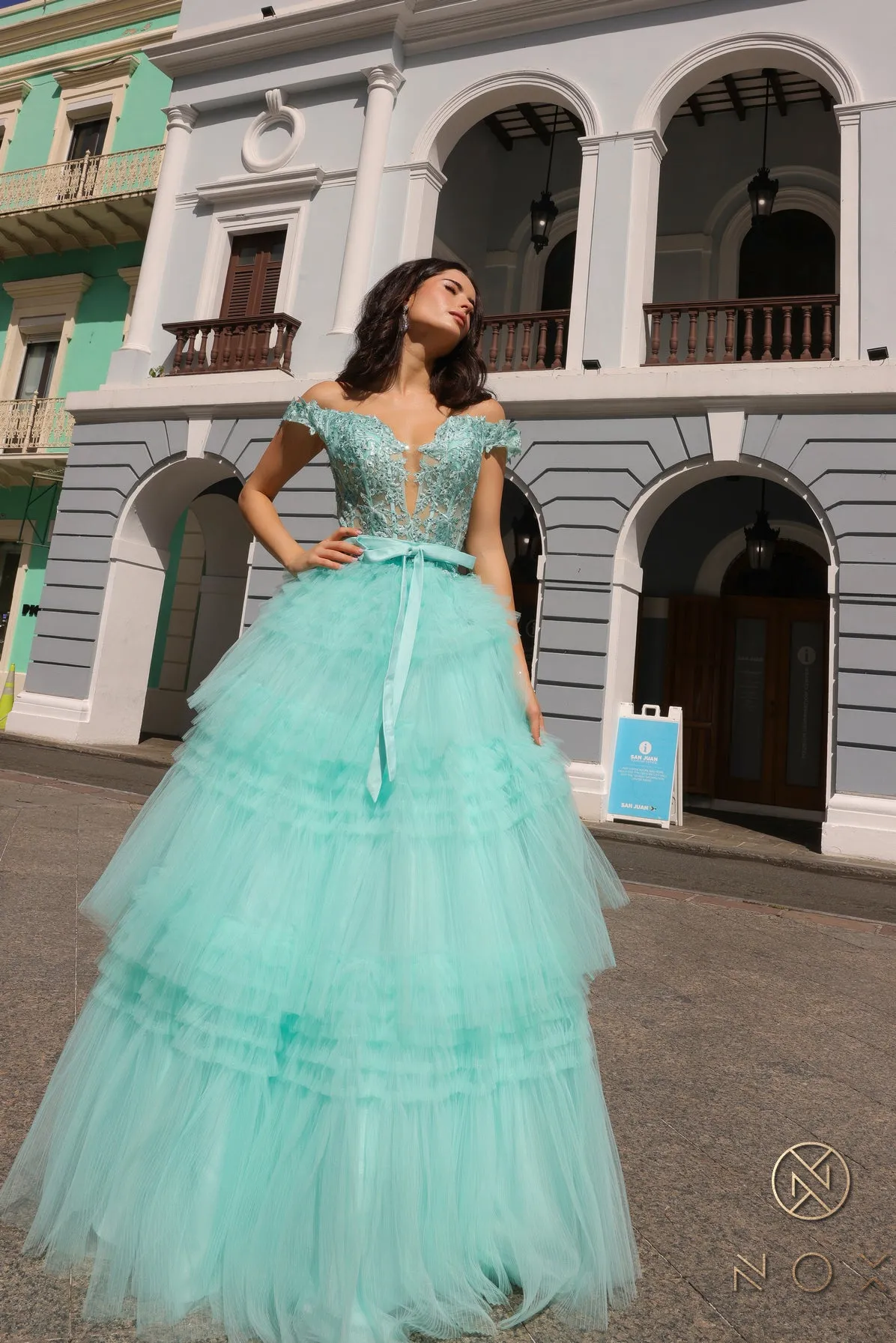 Nox Anabel E1293 A Line Pleated Tulle Layer Prom Dress Sheer Lace Corset Ballgown off the Shoulder Bow