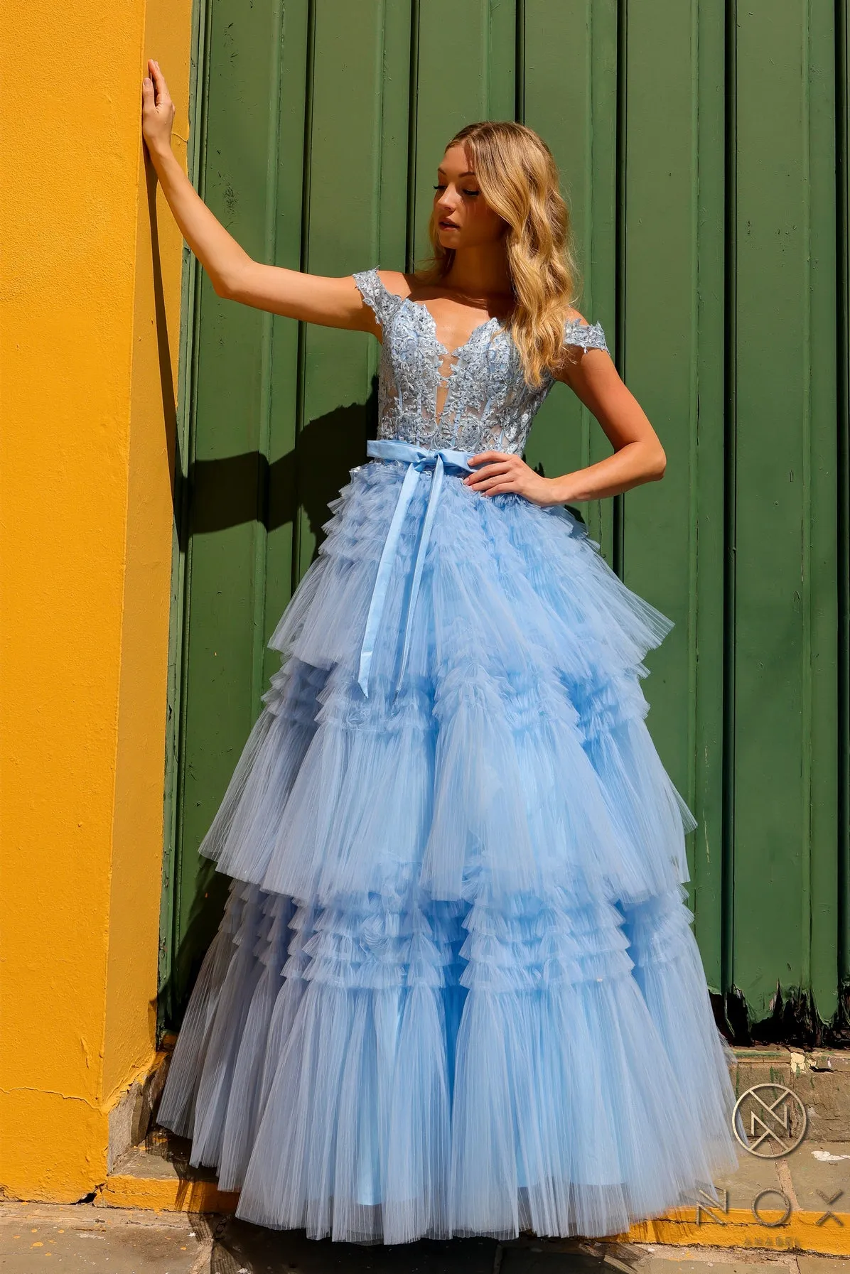 Nox Anabel E1293 A Line Pleated Tulle Layer Prom Dress Sheer Lace Corset Ballgown off the Shoulder Bow