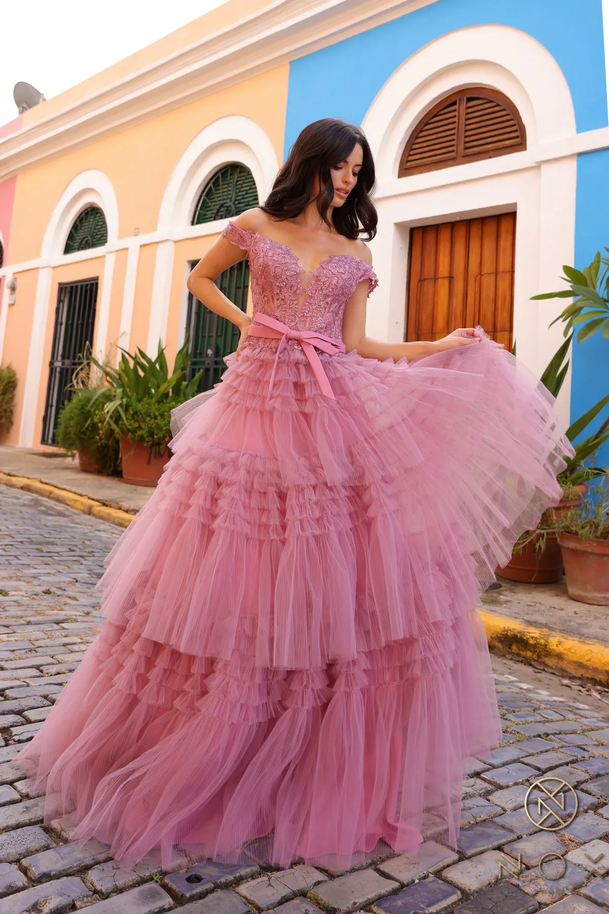 Nox Anabel E1293 A Line Pleated Tulle Layer Prom Dress Sheer Lace Corset Ballgown off the Shoulder Bow
