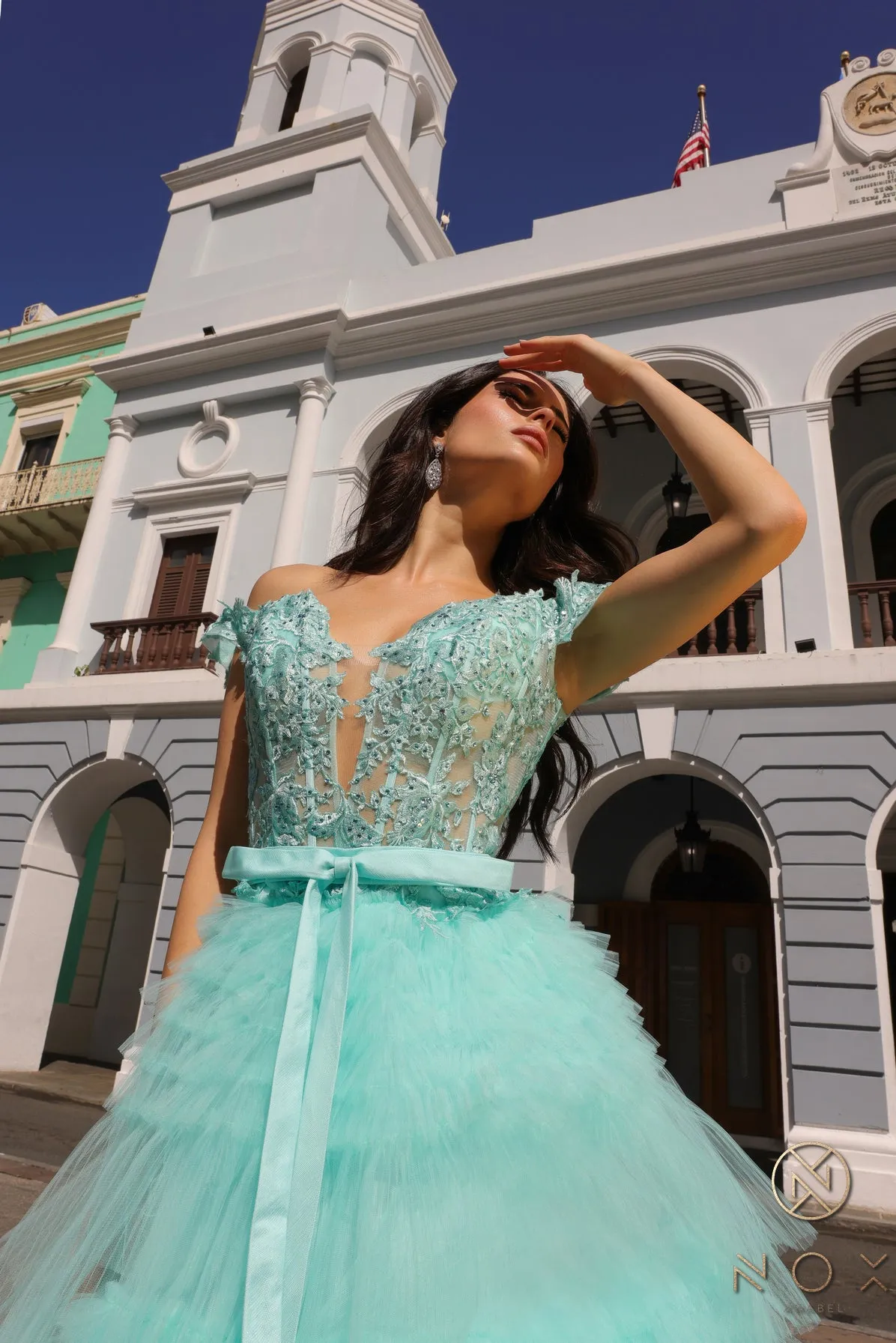 Nox Anabel E1293 A Line Pleated Tulle Layer Prom Dress Sheer Lace Corset Ballgown off the Shoulder Bow